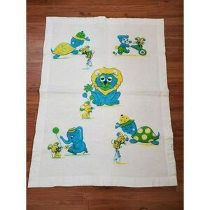 Vintage 1960s Deadstock Baby Crib Blanket Turtle Bunny Elephant Satin Edge